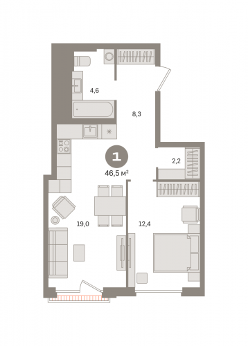 1-комнатная, квартира, 46.51 м²