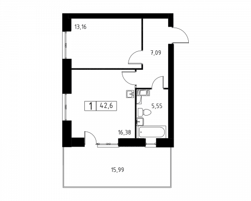 1-комнатная, квартира, 42.6 м²