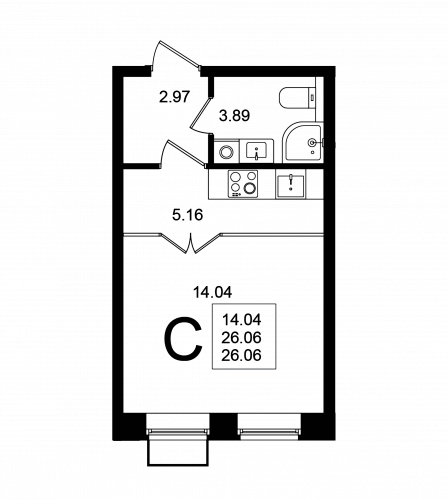 Студия, 26.06 м²