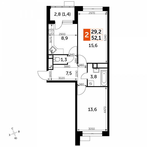 2 комнаты до 52.1