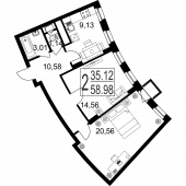 2-комнатная квартира 58,98 м²