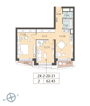 2-комнатная, квартира, 62.43 м²