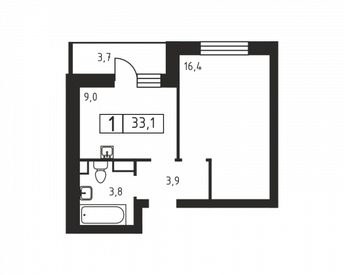 1-комнатная, 33.1 м²