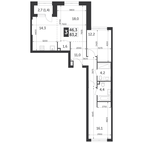 3-комнатная, квартира, 83.2 м²