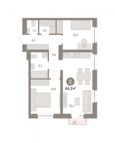 2-комнатная, квартира, 64.3 м²