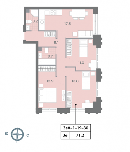 3-комнатная, квартира, 71.4 м²