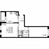 2-комнатная квартира 54,75 м²
