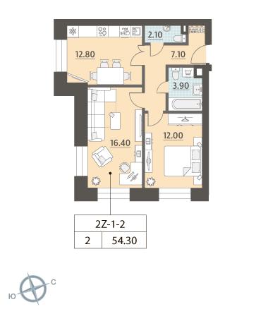 2-комнатная, квартира, 54.3 м²