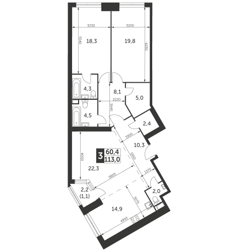 3-комнатная, квартира, 113 м²