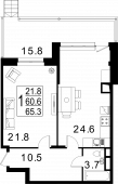 1-комнатная квартира 65,3 м²