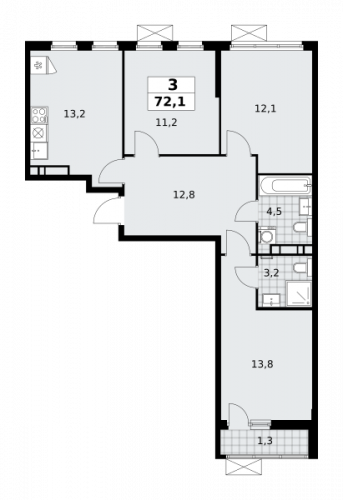 3-комнатная, 72.1 м²