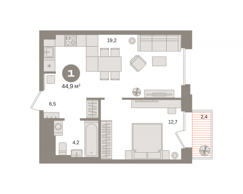 1-комнатная, квартира, 44.88 м²