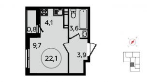 1-комнатная квартира 22,1 м²