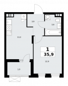 1-комнатная квартира 35,9 м²