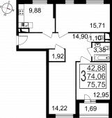 3-комнатная квартира 75,75 м²