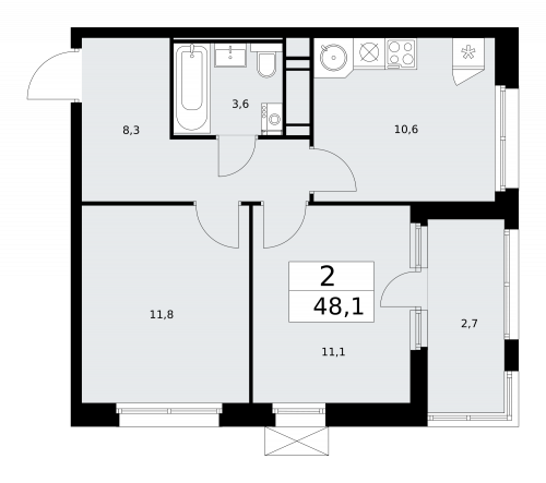 2-комнатная, 48.1 м²