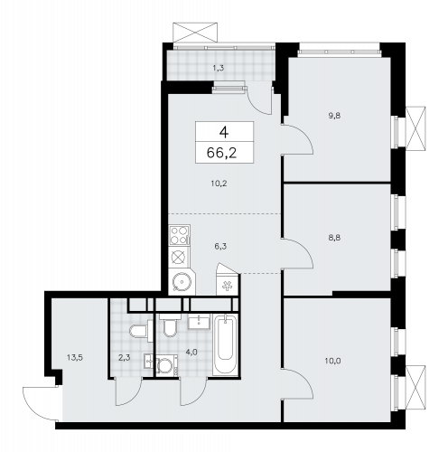 Многокомнатная, 66.2 м²
