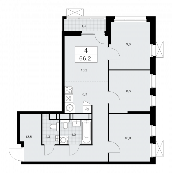 4 комнаты до 66.2