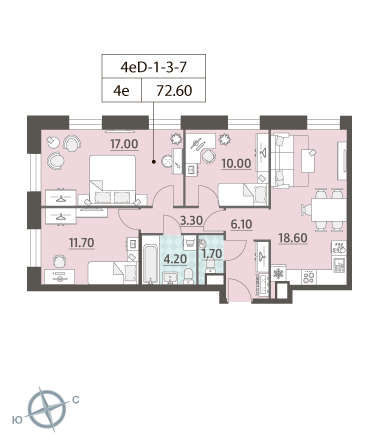 3-комнатная, квартира, 72.6 м²