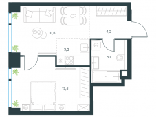 2-комнатная квартира 37,5 м²