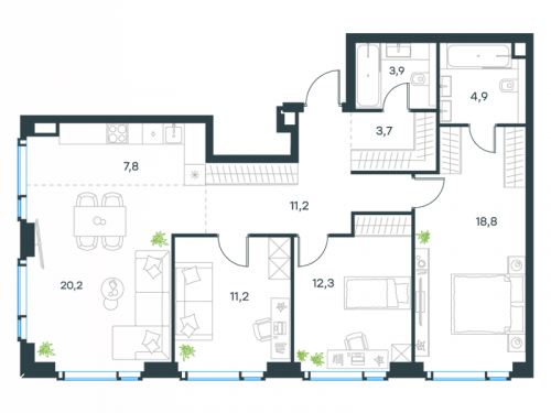 Многокомнатная, 94 м²