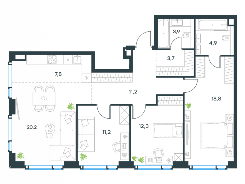 4-комнатные апартаменты №343, 94,0 м² за 40,41 млн руб. в ЖК «Level Мичуринский» - планировка
