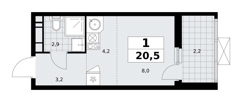 1-комнатная квартира №23К-18.1.4-412, 20,5 м² за 7,30 млн руб. в ЖК «Скандинавия» - планировка
