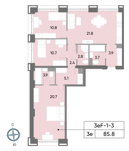3-комнатная, квартира, 85.8 м²