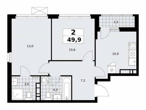 2-комнатная, 49.9 м²