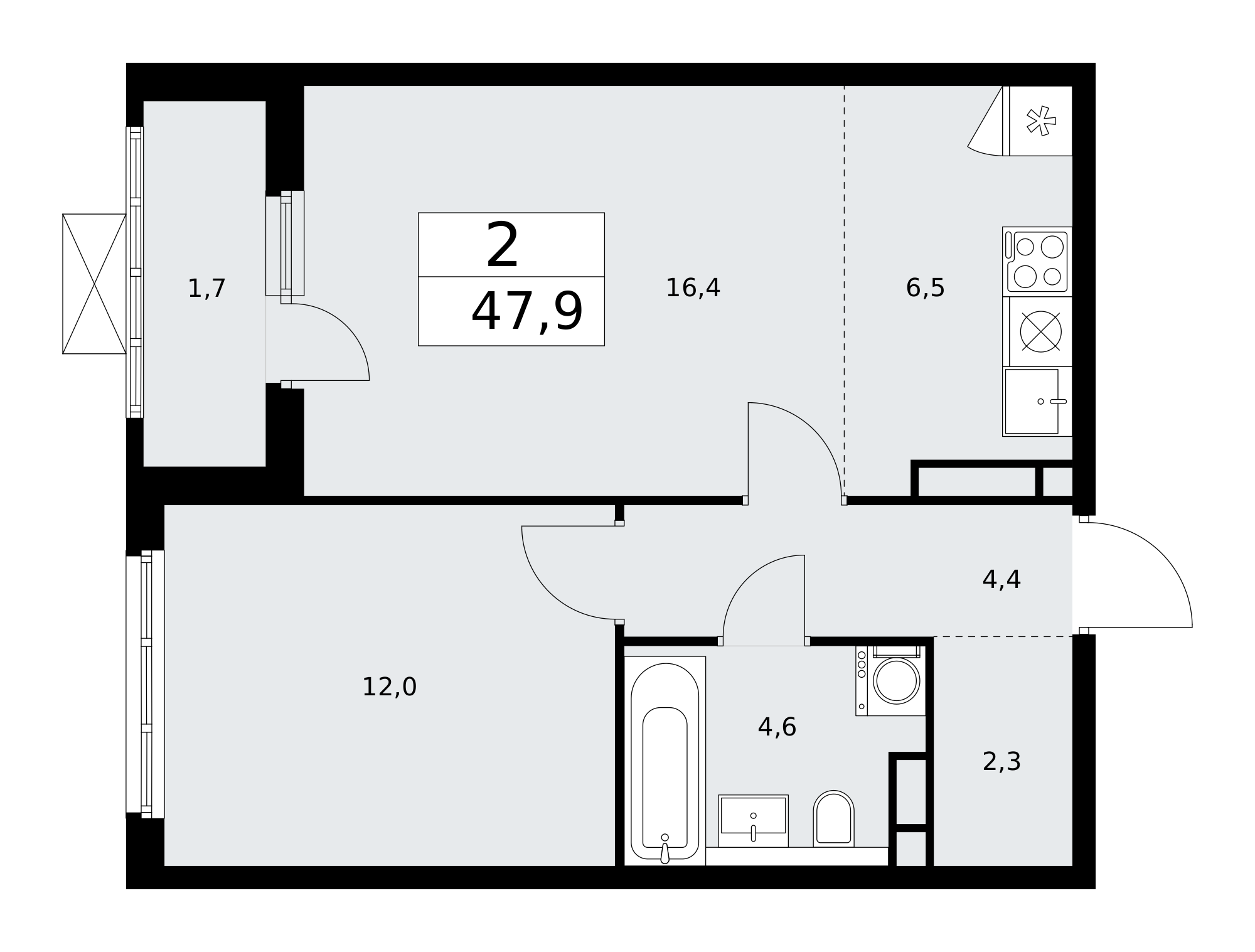 2-комнатная квартира №58К-11.2.2-364, 47,9 м² за 12,77 млн руб. в ЖК «Прокшино» - планировка
