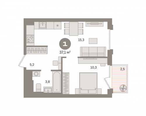 1-комнатная, квартира, 37.09 м²