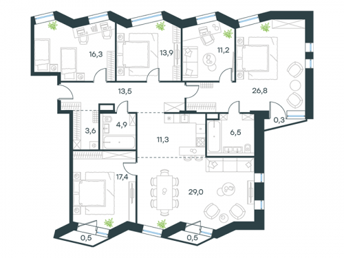 Многокомнатная, 155.7 м²