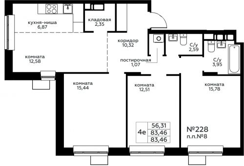 Многокомнатная, 83.46 м²