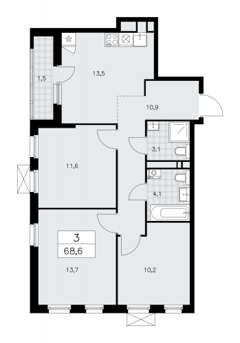3-комнатная, 68.6 м²