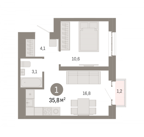 1-комнатная, квартира, 35.8 м²
