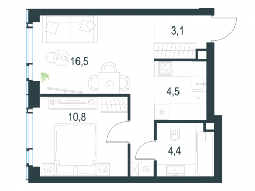 2-комнатная, 39.3 м²