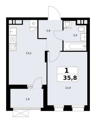 1-комнатная, 35.8 м²