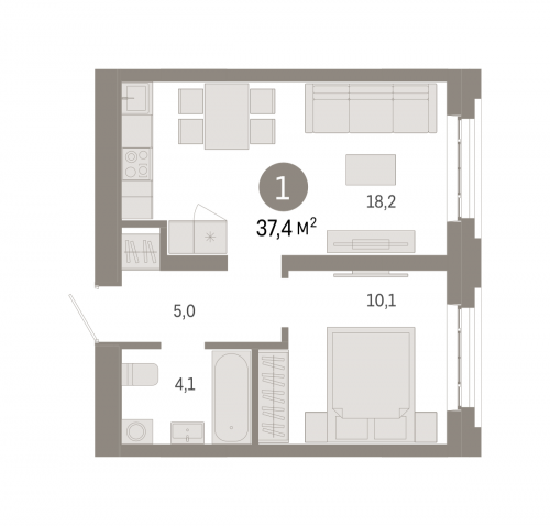 1-комнатная, квартира, 37.4 м²