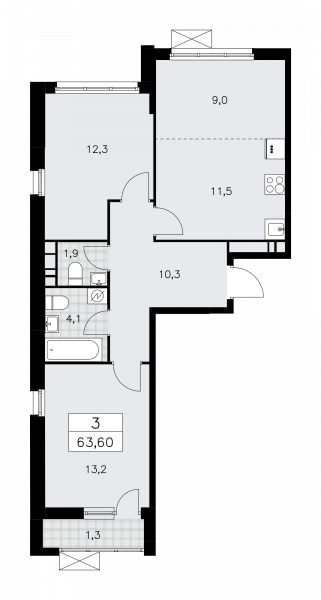 3 комнаты до 63.6