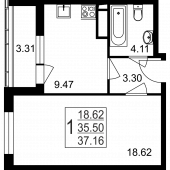 1-комнатная квартира 37,16 м²
