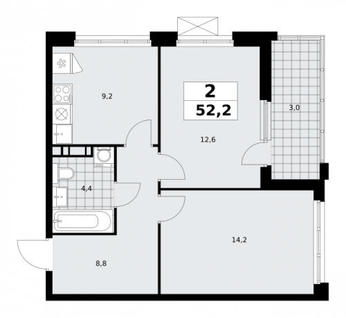 2-комнатная, 52.2 м²
