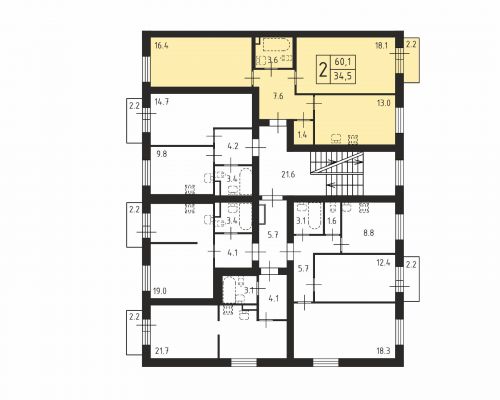 2-комнатная, квартира, 60.1 м²