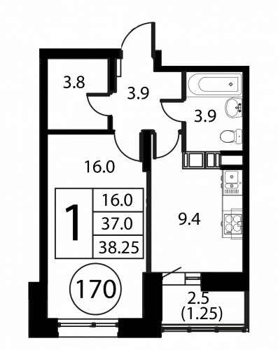 1-комнатная, квартира, 38.25 м²