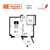 1-комнатная квартира 37,6 м²
