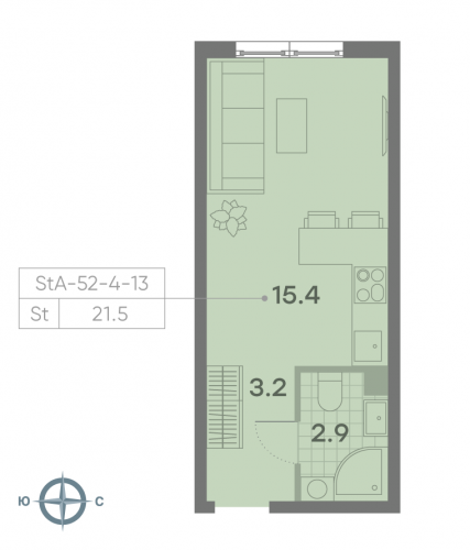 Студия, 21.5 м²