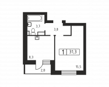 1-комнатная квартира 31,3 м²