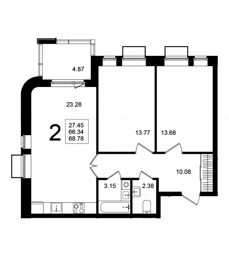 2-комнатная, квартира, 68.78 м²