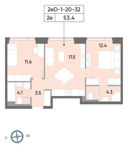2-комнатная, квартира, 53.4 м²