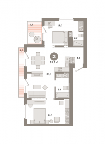 2-комнатная, квартира, 85.47 м²