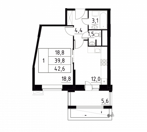 1-комнатная, квартира, 40.5 м²